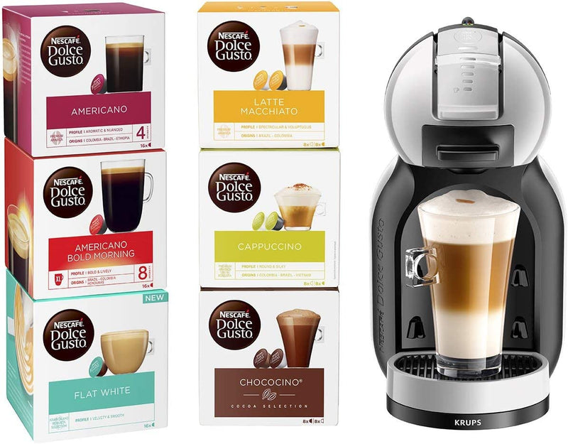KRUPS Nescafé Dolce Gusto Mini Me, Single Serve Capsule Coffee Machine Starter Kit, Including 6 boxes of Coffee Pods, KP123B41, Arctic Grey & Black