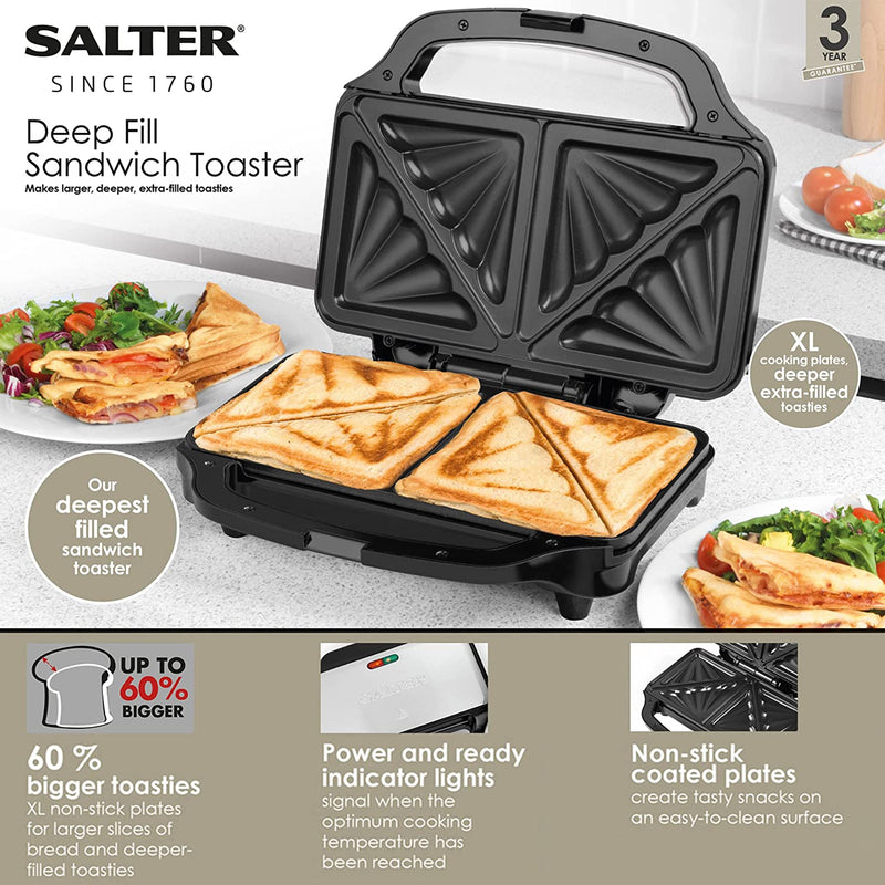 Salter EK2017S Electric XL Deep Fill Sandwich Toaster Press, Makes 2 Toasties In 4 Minutes, Stainless Steel, 900W, Non-Stick Plates, Cool Touch Handle