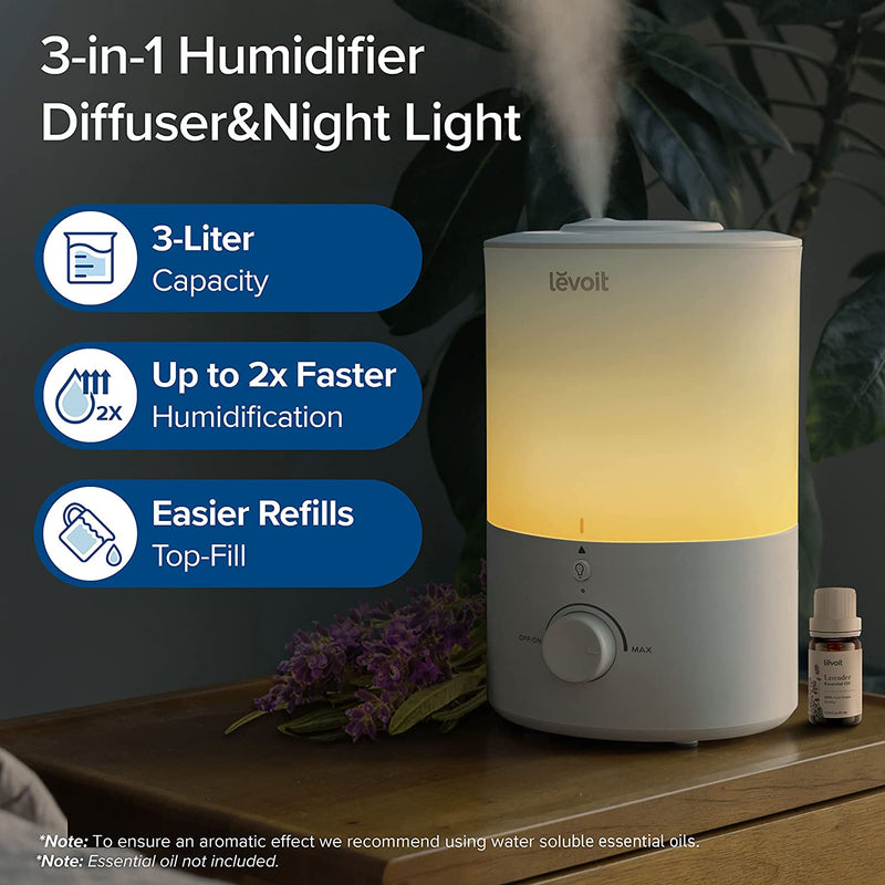 LEVOIT 3L Humidifier for Bedroom Baby Room with Night Light, Cool Mist Humidifier, Quiet, Up to 25H for 27 ㎡, Operation with 360° Rotation Nozzle