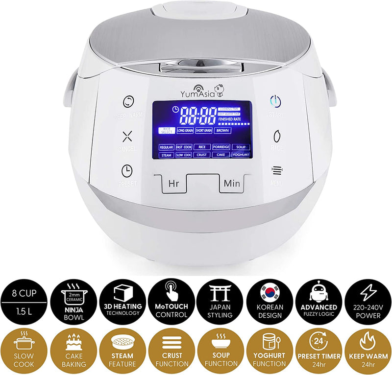 Yum Asia Sakura Rice Cooker with Ceramic Bowl and Advanced Fuzzy Logic (8 cup, 1.5 litre) 6 Rice & Multi Cook Functions, LED Display, 220-240V White