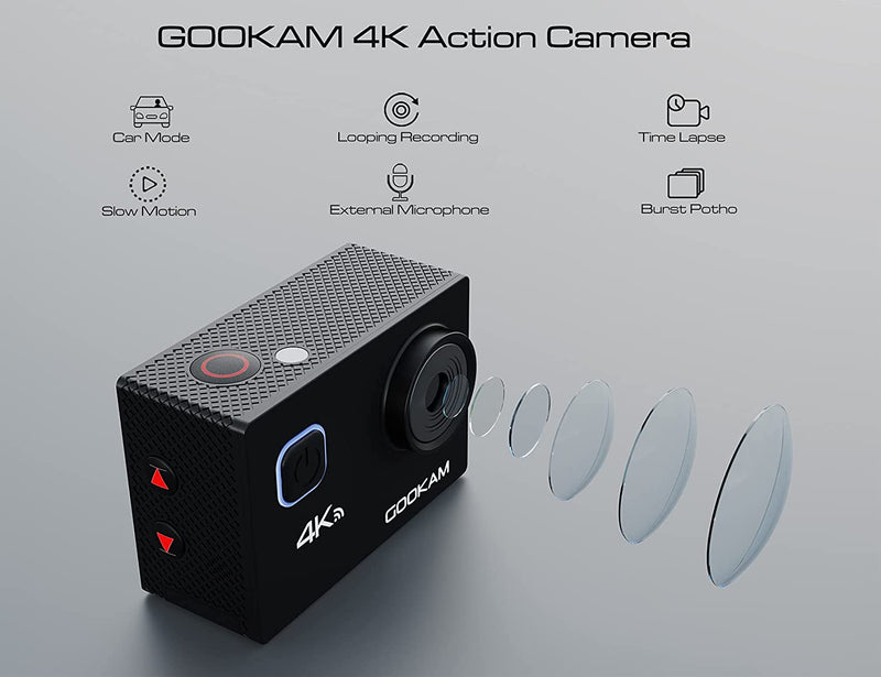 GOOKAM 4K 20MP Sport Action Camera WiFi Underwater 40M Waterproof Camera 2'' LCD Screen 2x1050mAh Rechargeable Batteries and Accessories Kit
