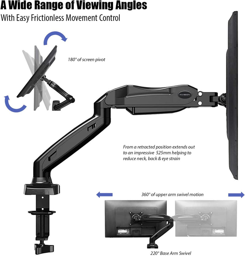 Invision PC Monitor Arm, Gas Powered Desktop Clamp Mount for 17–27” Screens Adjustable Tilt Swivel VESA 75mm & 100mm Weight 2kg to 6.5kg (MX150)
