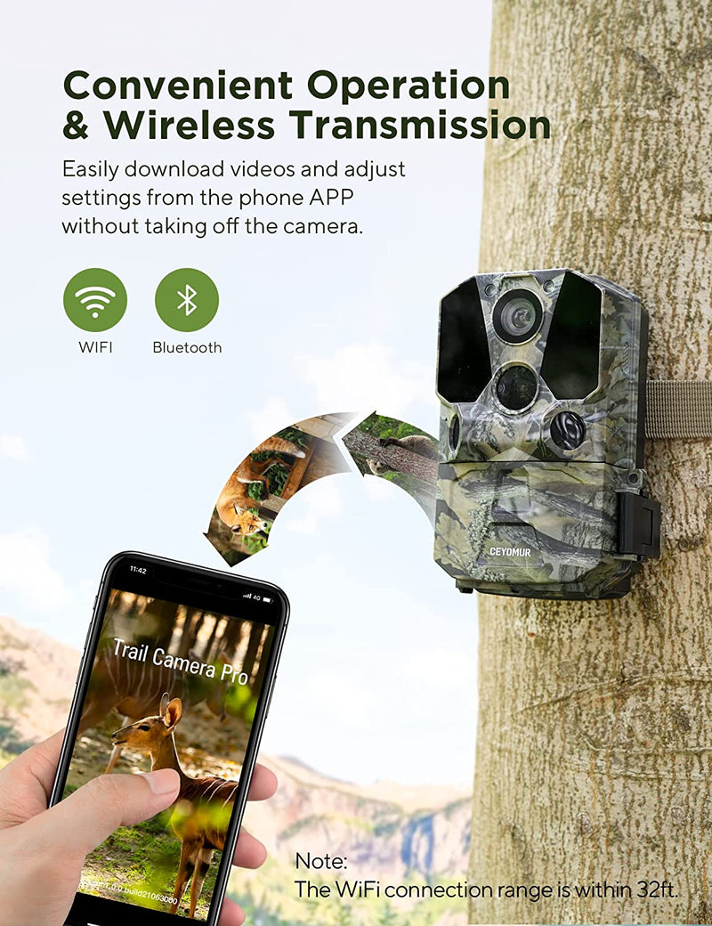 CEYOMUR Wildlife Camera, WiFi Bluetooth 30MP 1296P Trail Camera with 120° Motion Sensor 0.2s Trigger Speed 36pcs IR LEDs Night Vision IP66 Waterproof