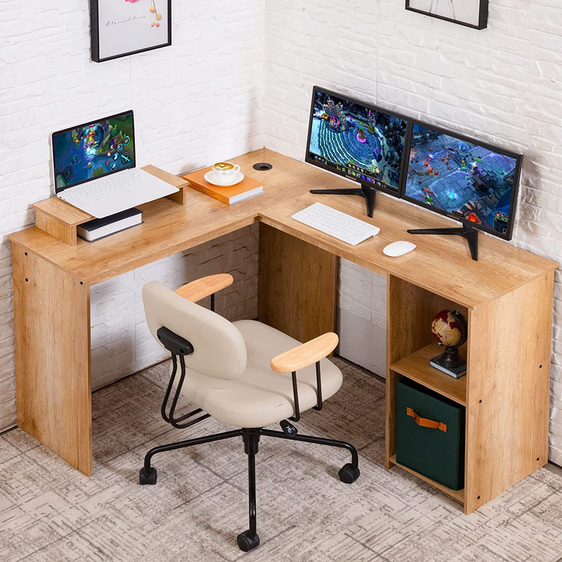 DOSLEEPS L Shaped 51.2" Computer Corner Desk, FREE Monitor Stand, Home Gaming Desk, Office Writing Workstation with 2 Storage/Book Shelves Beech Grain