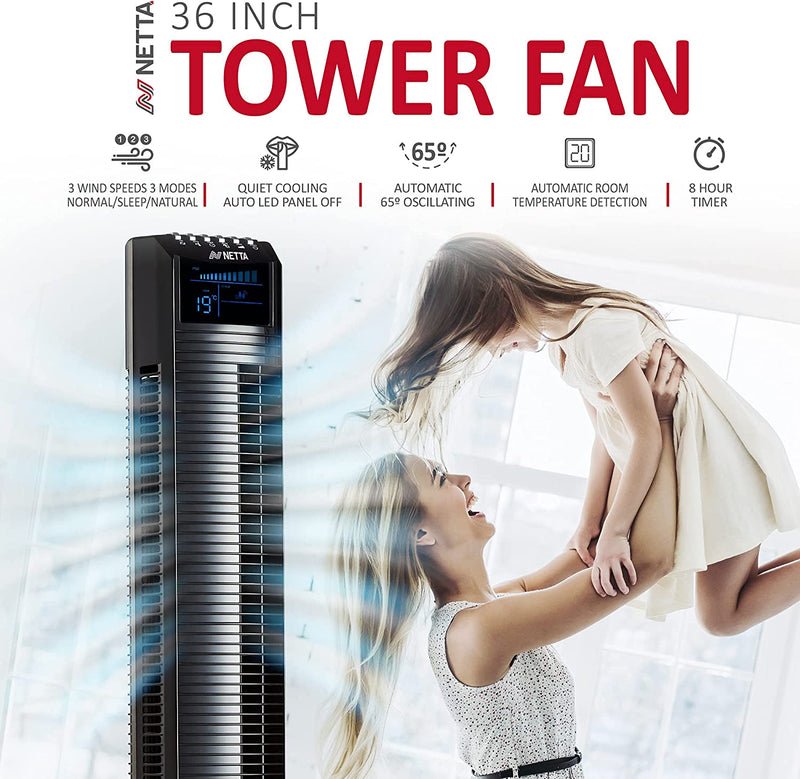 NETTA Tower Fan, 36 Inch Oscillating with Remote Control, LED Display, 3 Speed Settings With 8 Hours Timer, Bladeless Floor Fan - Black