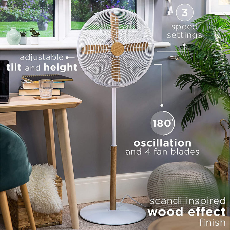 Russell Hobbs RHMPF1601WDW 16 Inch Scandi Electric Pedestal Fan, Tall Standing, 1m to 1.25m Height, 3 Speed Settings, Oscillating Fan, Adjustable, 60W