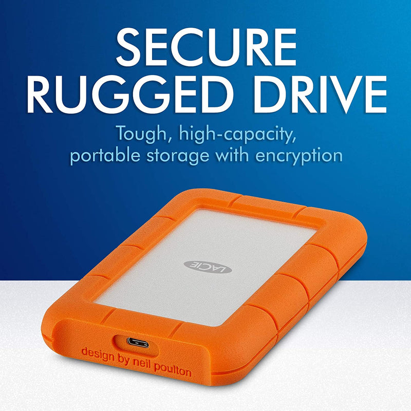 LaCie Rugged Secure USB-C, 2TB, Portable External Hard Drive, Drop, Shock Rain Resistant, incl. USB-C w/o USB-A cable, 1 month Adobe CC (STFR2000403)
