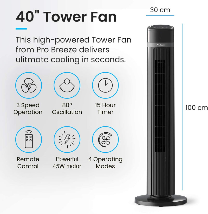 Pro Breeze Oscillating 40-inch Tower Fan, Powerful 45W Motor Portable Fan, 3 Cooling Fan Speeds, 4 Modes and 15 Hour Timer for Home & Office - Black