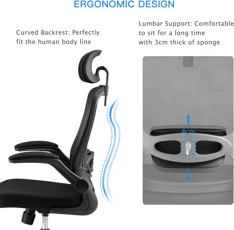 Magic Life Ergonomic Office Chair - High Back Desk Chair with Adjustable Headrest, Flip-up Armrests and Lumbar Support Computer Chair Black