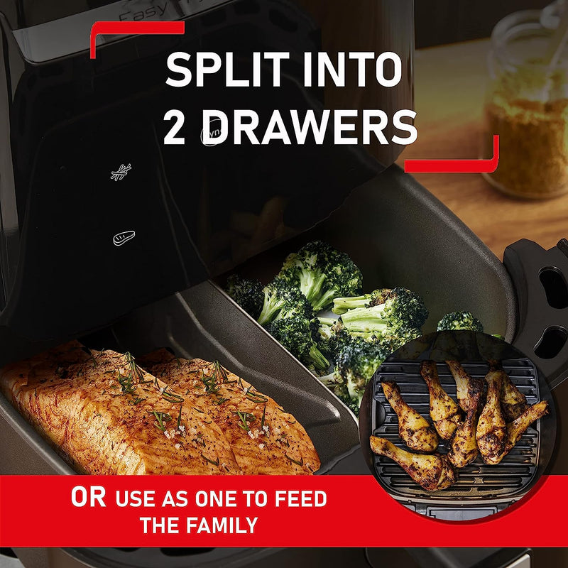 Tefal EasyFry XXL 2-in-1 Digital Air Fryer & Health Grill, With Draw Divider, 6.5L Capacity, 8 Programs, Black, EY801827, 1830W, Save up to 70% Energy