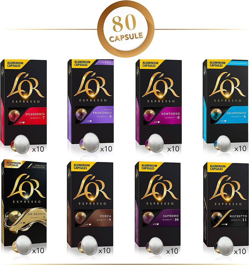 L'OR Favourites Assortment Nespresso Compatible Coffee Pods (Pack of 8, Total 80 Drinks)