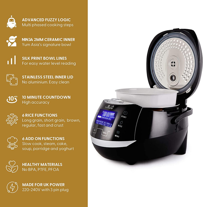 Yum Asia Sakura Rice Cooker with Ceramic Bowl and Advanced Fuzzy Logic (8 cup, 1.5 litre) 6 Rice & Multi Cook Functions, LED Display, 220-240V Black