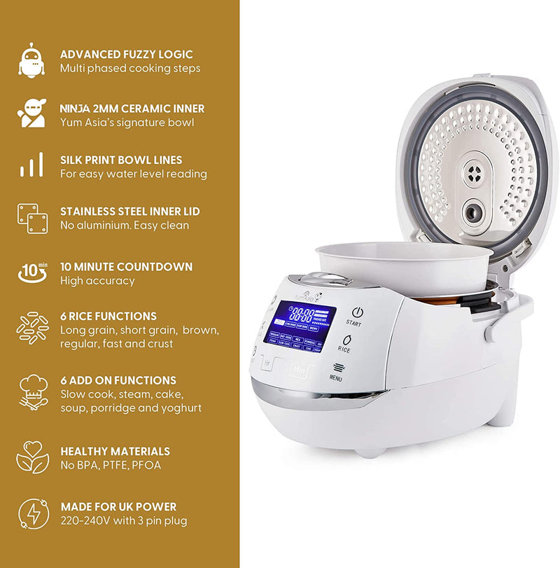 Yum Asia Sakura Rice Cooker with Ceramic Bowl and Advanced Fuzzy Logic (8 cup, 1.5 litre) 6 Rice & Multi Cook Functions, LED Display, 220-240V White
