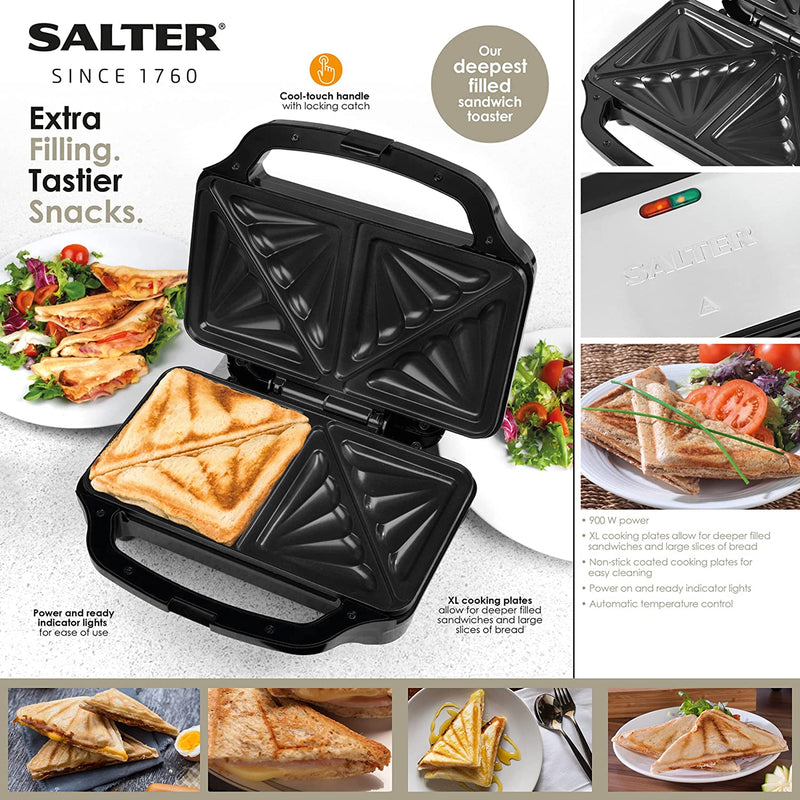 Salter EK2017S Electric XL Deep Fill Sandwich Toaster Press, Makes 2 Toasties In 4 Minutes, Stainless Steel, 900W, Non-Stick Plates, Cool Touch Handle