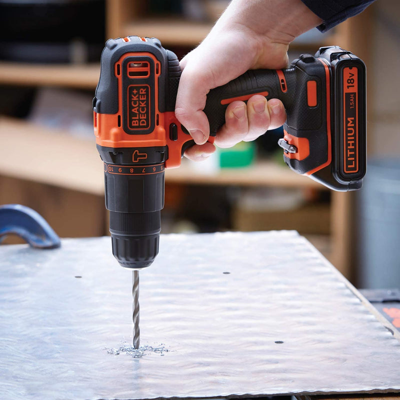 BLACK+DECKER 18 V Cordless 2-Gear Combi Drill with Kitbox and 2x 1.5 Ah Lithium Ion Batteries