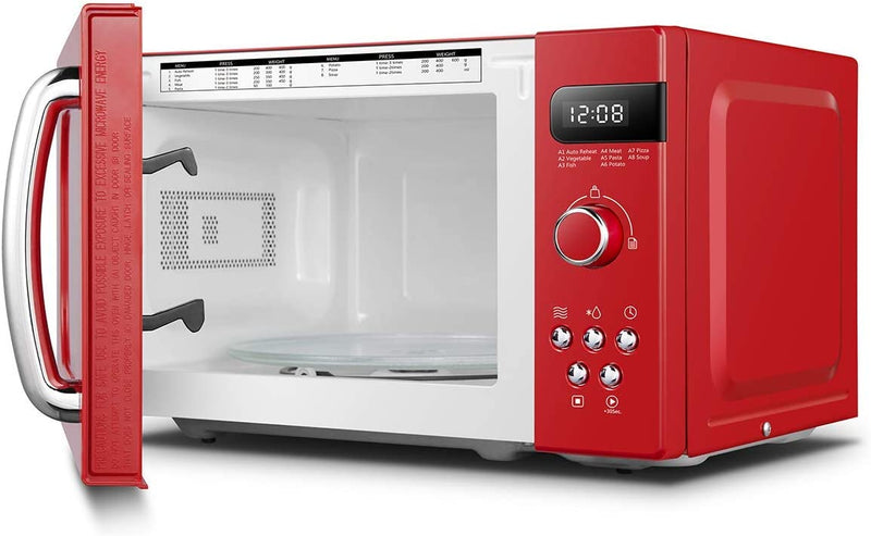 COMFEE' Retro Style 800w 20L Microwave Oven with 8 Auto Menus, 5 Cooking Power Levels, and Express Cook Button - Passionate Red - CM-M202RAF(RD)