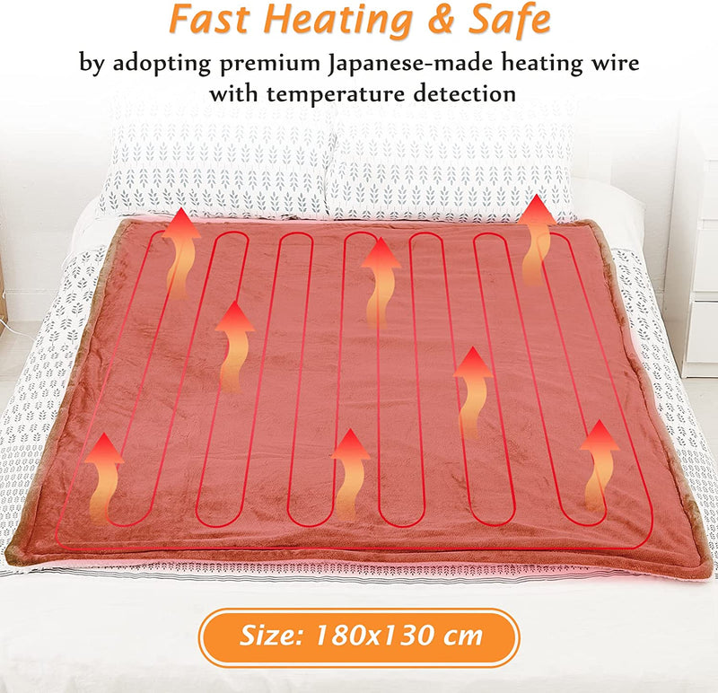 Mia&Coco Electric Heated Blanket Throw Flannel Sherpa Fast Heating 130x180cm, 10 Heat Levels, Auto-Off Timer, LED Display, Machine Washable, Khaki