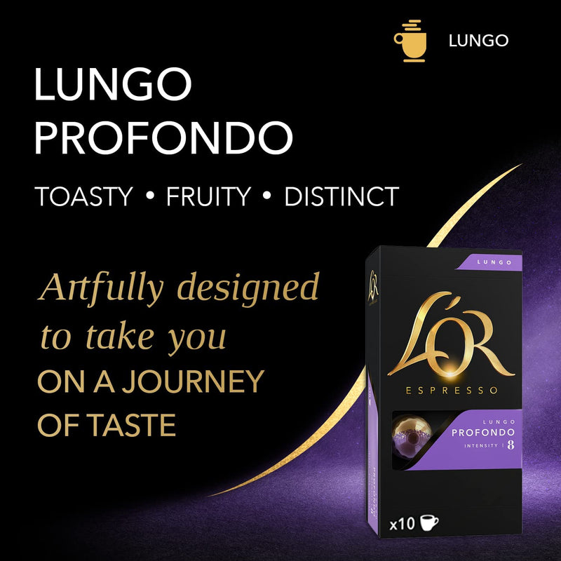 L'OR Espresso Lungo Profondo Intensity 8 - Nespresso* Compatible Aluminium Coffee Capsules - 10 Packs of 10 Capsules (100 Drinks)