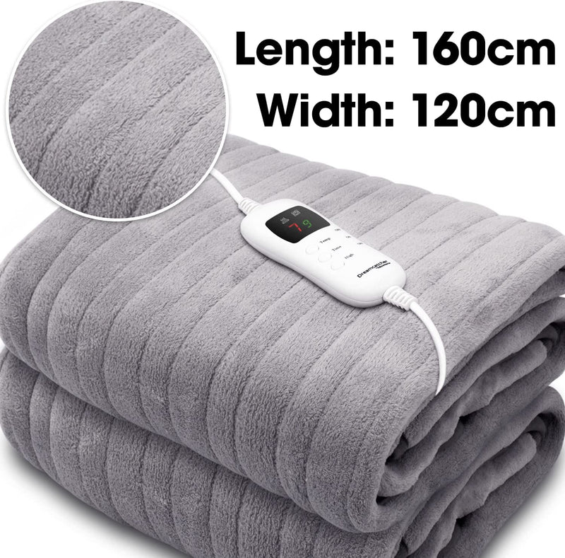 Dreamcatcher Luxurious Electric Throw Heated Throw Blanket, Large 160 x 120cm Soft Fleece, Large Overblanket with Timer 9 Control Heat Settings Grey