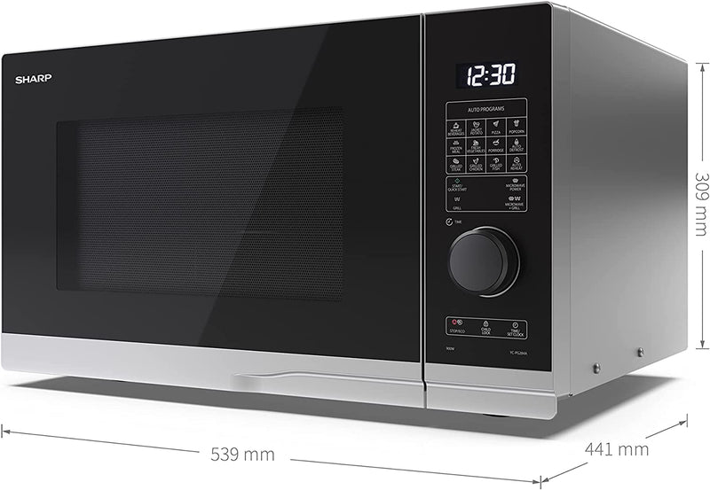 SHARP YC-PG234AU-S 23 Litre 900W Microwave Oven with 1000W Grill Cooker, 10 Power Levels, 12 Auto Cook Programmes, LED Cavity Light, Easy Clean