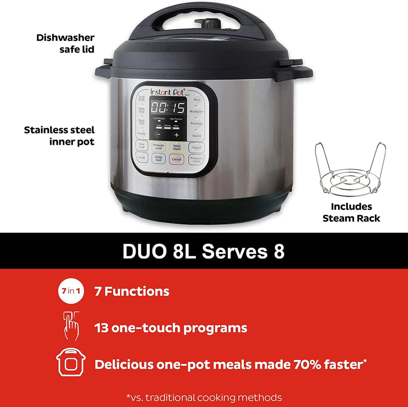Instant Pot Duo 8L Electric Pressure Cooker, 7-in-1 Smart Cooker: Pressure Cooker, Slow Cooker, Rice Cooker, Sauté Pan, Yogurt Maker, Steamer Warmer