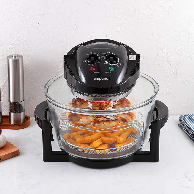 Emperial Premium Black 17L Halogen Convection Oven Cooker Air Fryer 1400W Includes Accesories Pack, Timer & Extender Ring