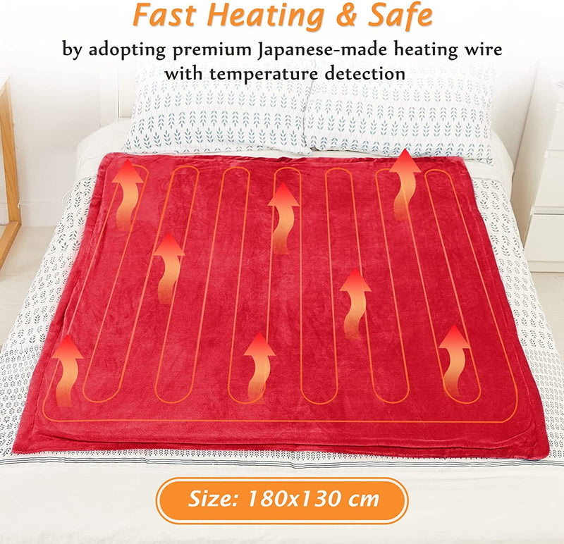 Mia&Coco Electric Heated Blanket Throw Flannel Sherpa Fast Heating 130x180cm, 10 Heat Levels, Auto-Off Timer, LED Display, Machine Washable, Red