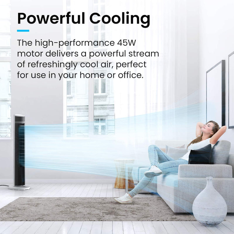Pro Breeze Oscillating 40-inch Tower Fan, Powerful 45W Motor Portable Fan, 3 Cooling Fan Speeds, 4 Modes and 15 Hour Timer for Home & Office - White