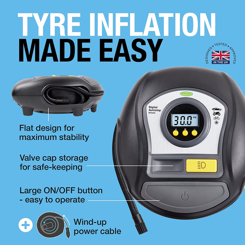 Ring Automotive RTC450 Digital Tyre Inflator with Auto Stop, Memory, LED Light, Backlit Display and Adaptor Kit