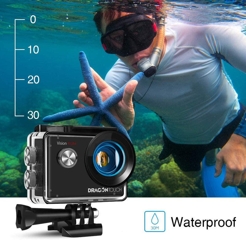 Dragon Touch 4K Action Camera, 20MP EIS Anti-shake Underwater 30M Waterproof Wifi Action Cam with Mounting Accessories Kit - Vision 4 Lite