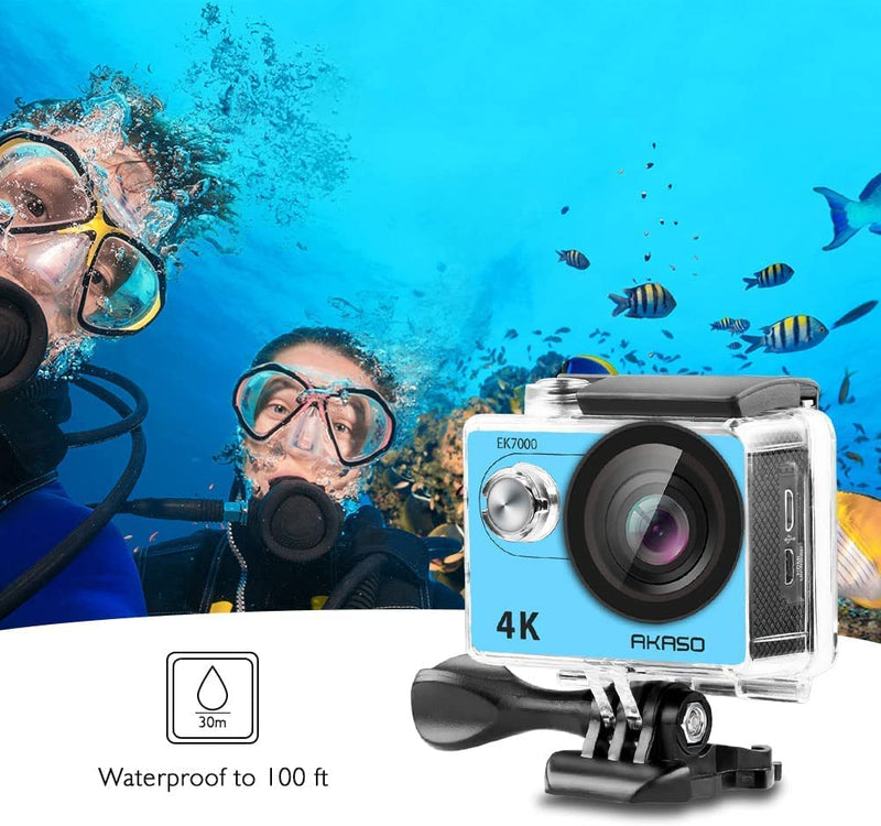 AKASO EK7000 4K Sport Action Camera Ultra HD Camcorder 12MP WiFi Waterproof Camera with 2 Rechargeable Batteries, 19 Accessories Kit - Blue