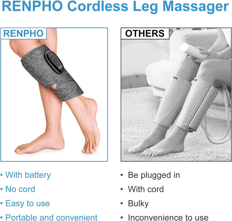 RENPHO Cordless Leg Massager, Wireless Calf Ankle Wraps Air Compression Massager with Rechargeable, 3 Modes and 3 Intensities, Home Office Travel Use