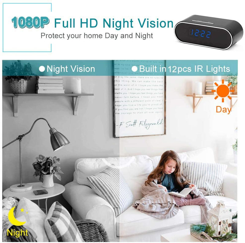 Spy Camera, WiFi Hidden Cameras Clock Wireless Alarm 1080P Nanny Cam for Home Security Monitor Video Recorder 140 Angle Night Vision Motion Detection