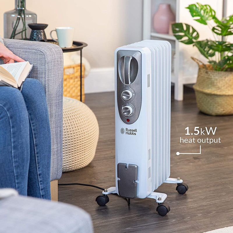 Russell Hobbs 1500W/1.5KW Oil Filled Radiator, 7 Fin Portable Electric Heater, Adjustable Thermostat with 3 Heat Settings, Safety Cut-off, RHOFR5001