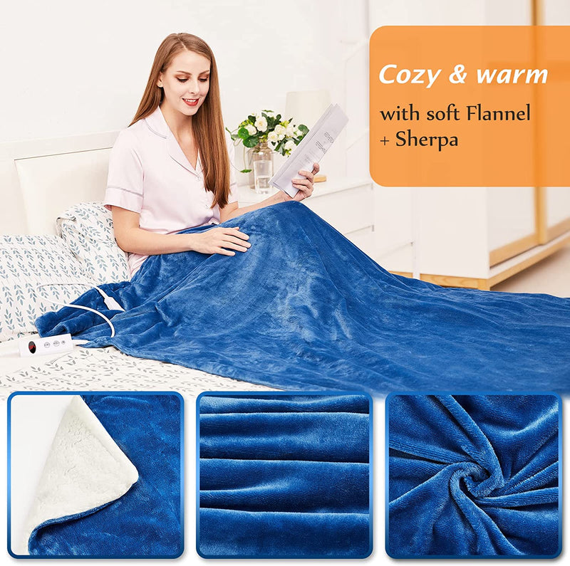 Mia&Coco Electric Heated Blanket Throw Flannel Sherpa Fast Heating 130x180cm, 10 Heat Levels, Auto-Off Timer, LED Display, Machine Washable, Blue