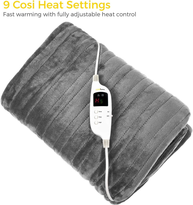 Cosi Home Heated Throw - Electric Blanket - Extra Large Heated Blanket, Machine Washable Fleece with Digital Remote, Timer and 9 Heat Settings (Grey)