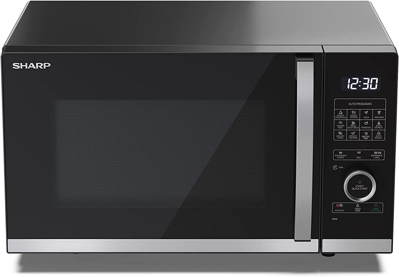 SHARP YC-QG234AU-B 23 Litre 900W Flatbed Microwave with 1000W Grill, 10 Power Levels, 12 Automatic Cook Programmes, Digital Control, LED Cavity Light