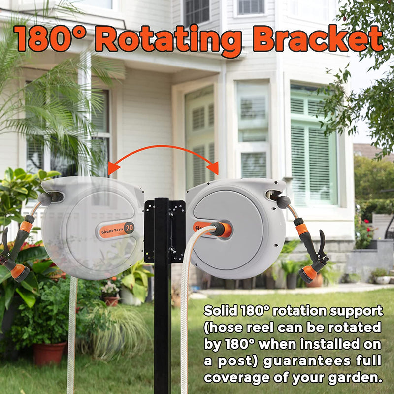 Giraffe Tools Retractable Garden Hose Reel Wall Mounted 20+2m, Hose Pipe Reel Automatic Rewind with 7 in 1 Spray Gun and Swivel Bracket