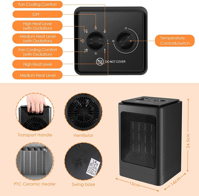 ADJUSTABLE THERMOSTAT - The small portable heater can according to the thermostat setting let your room remain at a comfortable temperature with combined with an adjustable thermostat control, Also allows you to adjust the heater's 1500 watt ceramic heating element.