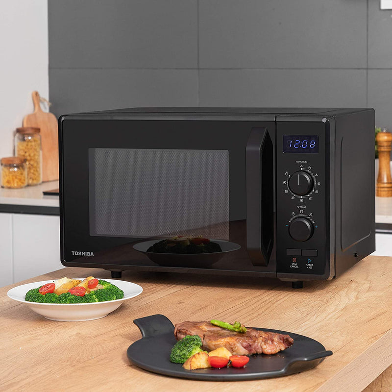 Toshiba 900w 23L Microwave Oven with 1050 W Crispy Grill, Energy Saving Eco Function, 8 Auto Menus, 5 Power Levels and Turntable, Black MW2-AG23PF(BK)