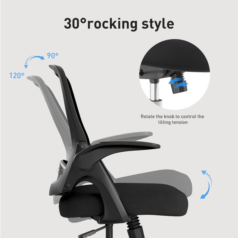 Hbada Office Desk Chair Flip-up Armrest Ergonomic Task Chair Compact 120° Locking 360° Rotation Seat Surface Lift Reinforced Nylon Resin Base, Black