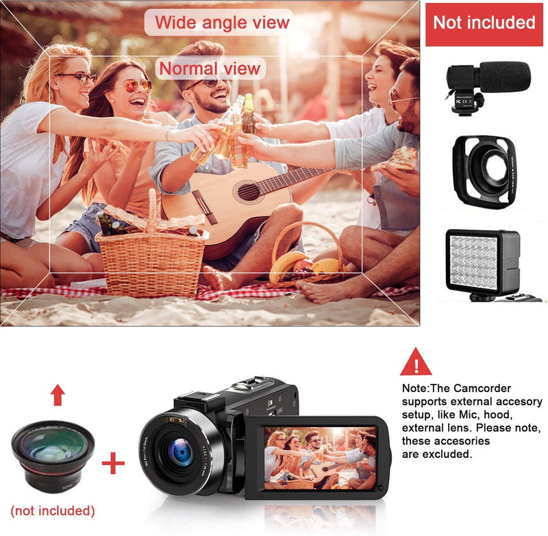 HD Video Camera Camcorder with LED Fill Light, 2.7K 1080P 42MP 30FPS FHD YouTube Vlogging Camera Recorder 18X Digital Zoom with 2 Batteries