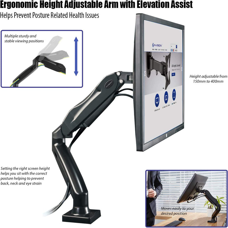 Invision PC Monitor Arm, Gas Powered Desktop Clamp Mount for 17–27” Screens Adjustable Tilt Swivel VESA 75mm & 100mm Weight 2kg to 6.5kg (MX150)