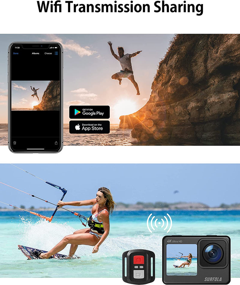 Surfola Action Camera 4K/60fps 24MP Dual Screen WiFi EIS Anti-shake Vlog Cam 8X Zoom Touch Screen Underwater Waterproof Camera with Accessories Kit