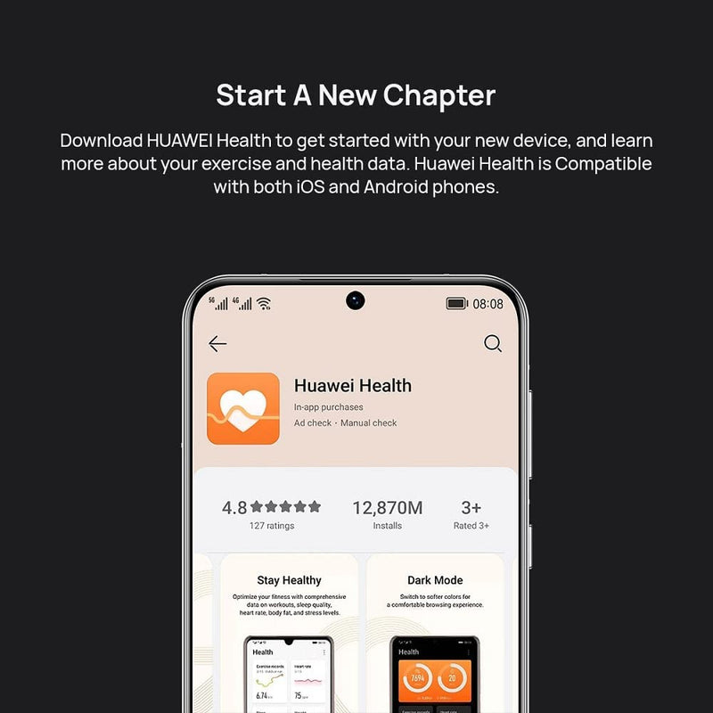 Download Huawei Health app to get started on your new device.  Track many different health and fitness stats.