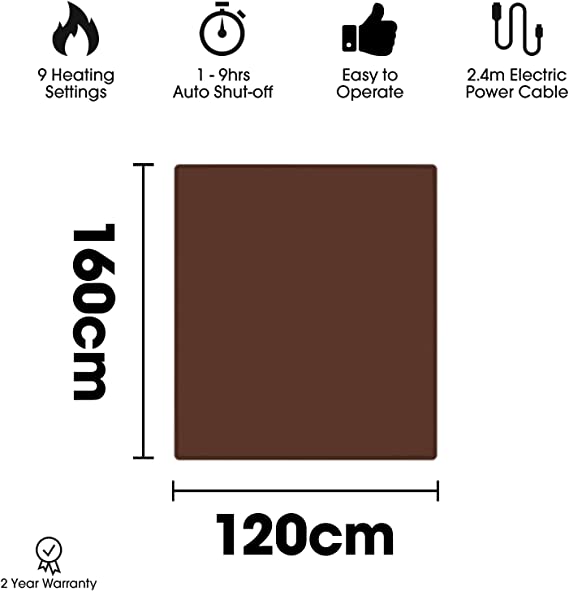 Dreamcatcher Luxurious Electric Throw Heated Throw Blanket, Large 160 x 120cm Soft Fleece, Large Overblanket with Timer 9 Control Heat Settings Brown