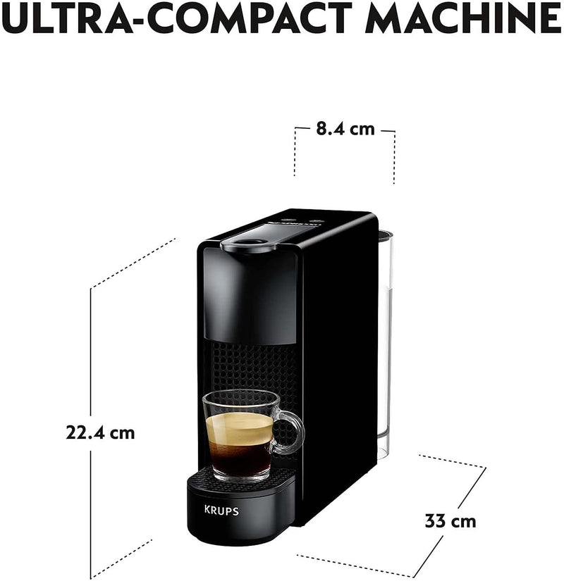 Ultra-light and ultra-compact Essenza Mini machine combines a pure sleek compact design (8.4cm W x 20.4cm H x 33cm L) with the simplicity of use to make a perfect espresso.
