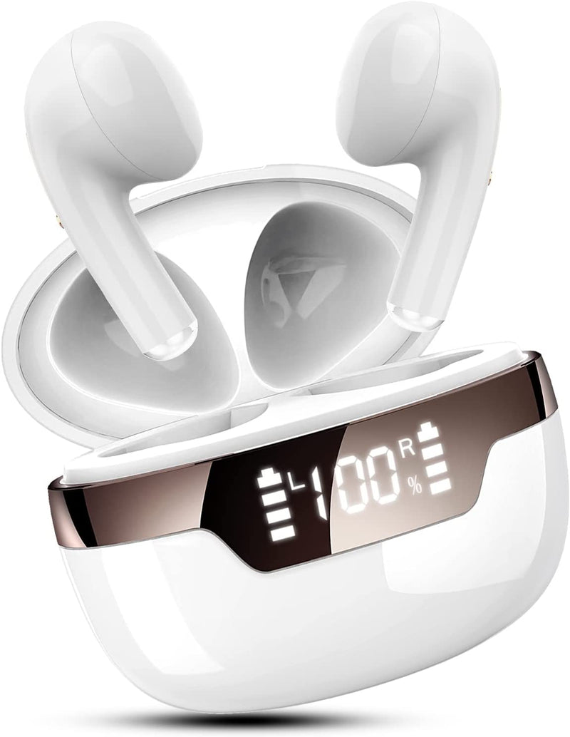 Wireless Earbuds, Wireless Earphones Bluetooth 5.2 Headphones, Bluetooth earbuds with Mic, HiFi Stereo Deep Bass CVC 8.0 Noise Reduction Earbuds, LED Display, IP7 Waterproof Sport Earbuds, White