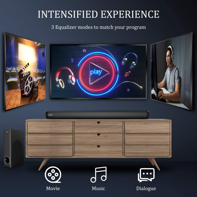Paiyda 2.1 Channel Soundbar with Subwoofer, 120W Soundbar for TV, 120 dB Strong Bass Surround Sound System, Remote, Optical/AUX/Coaxial/USB Connection