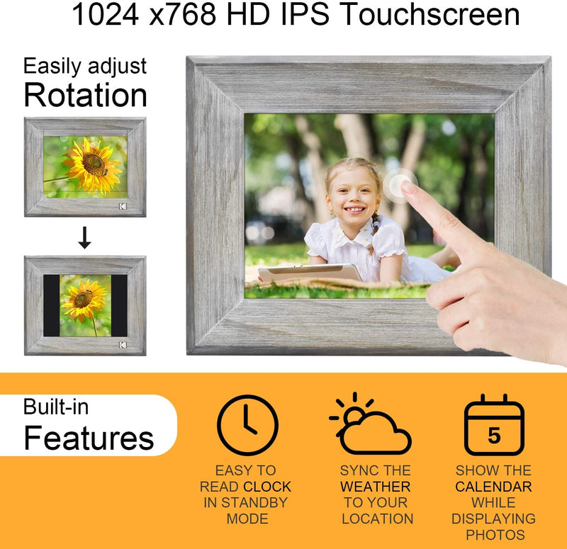 KODAK Classic Digital Photo Frame Wood 8013W, 8 inch Touch Screen Electronic Picture Frame Wifi Enabled, Cloud Storage, 16GB